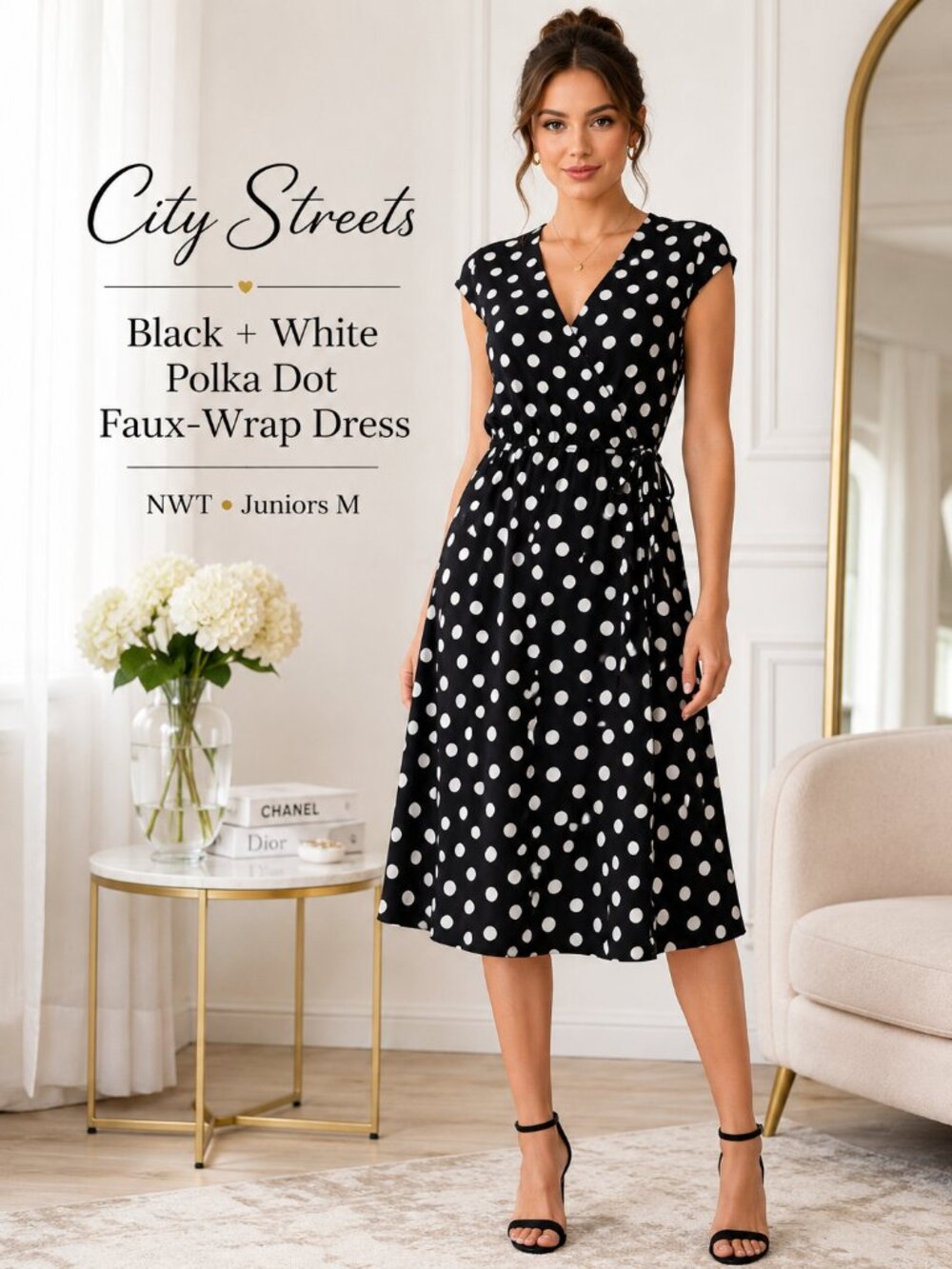 NWT City Streets Black White Polka Dot Faux Wrap Dress Juniors Size M